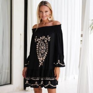 Embroidered Sundress ( Off Shoulder, Bell Sleeve, boho Tunic)